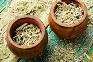 Two clay pots of dried Mugwort placed on a wooden bench that has dried Mugwort spread around