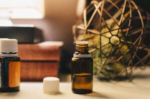 a bottle of Delta 8 THC tincture sits open on a table