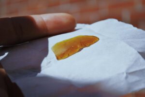 A man holds out parchment paper with Butane Hash oil (BHO)
