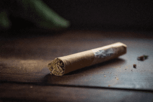A pre-roll joint on a wooden table
