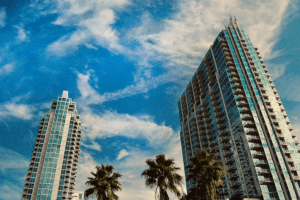Two towering buildings surrounded by palm trees under a blue sky with white clouds, basking in the beauty of a sunny day