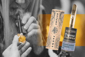 A black and white photograph of a woman smoking a cartridge, juxtaposed with a photo of a Botany Farms premium organic flower cannabis vapor cartridge