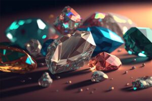 An A.I. generated close up image of colorful diamonds scattered on the ground.